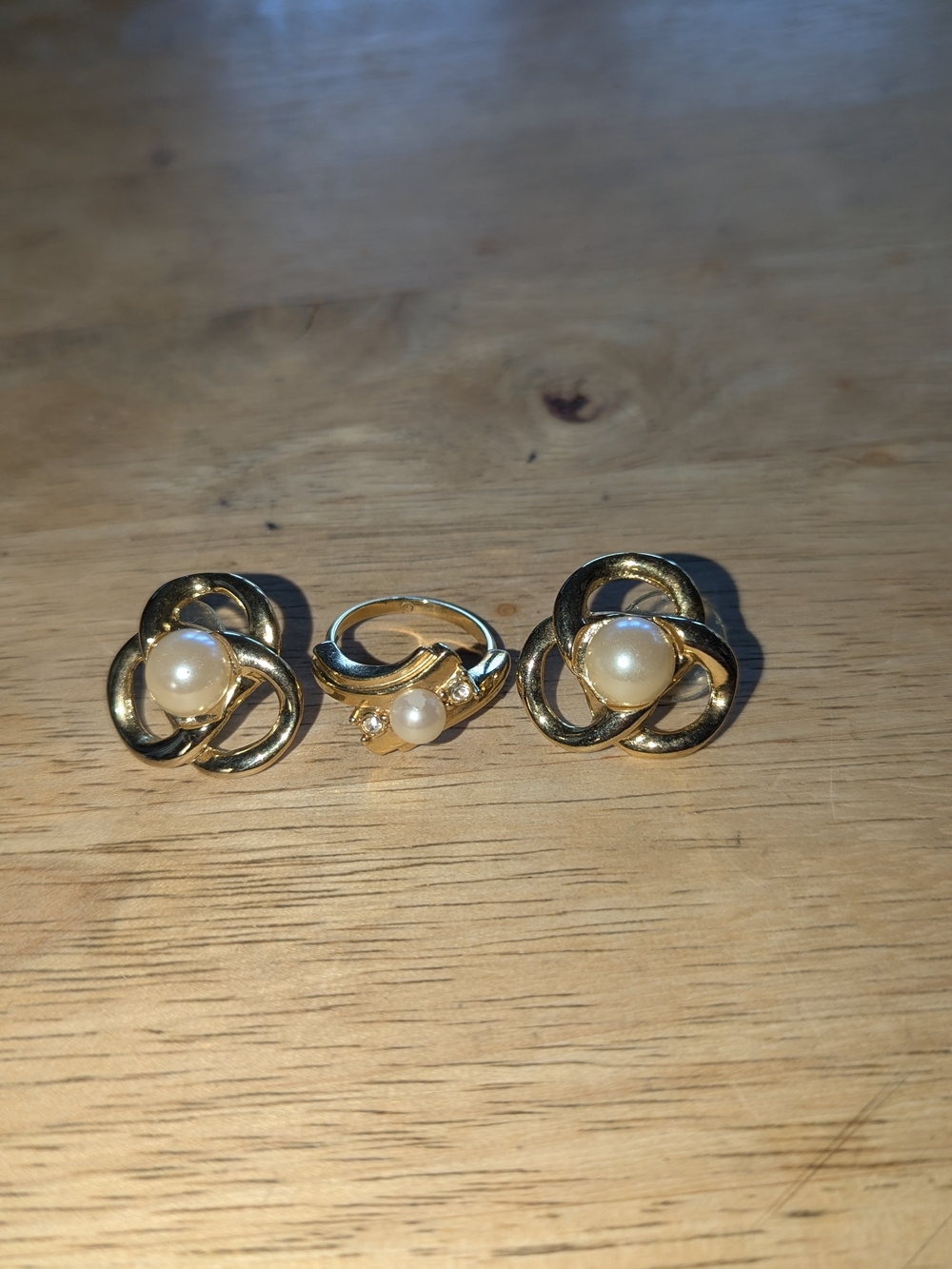Gold Pearl Knot Earrings and Ring Set - Classic Women's Jewelry